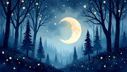 Magical night forest with glowing stars and a crescent moon shining above tall trees.