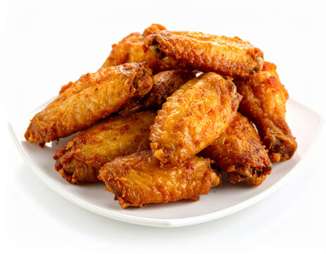 A pile of golden-brown fried chicken wings arranged on a square plate, isolated on white, Generated image
