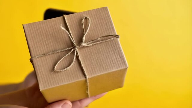 Hands holding a brown cardboard box tied with twine, next to a phone on a bright yellow backdrop, showcasing online ordering and deliveries