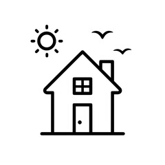 Outline icon of a small house with sun and birds above