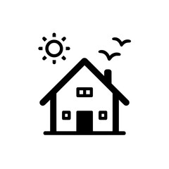 Black house icon with sun, birds, and a large front door