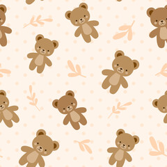 Cute hand-drawn brown and beige teddy bear on a pastel peach neutral background with polka dot texture and leaves. Forest seamless pattern.