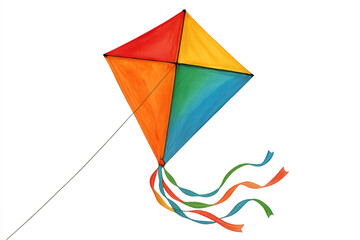 Colorful kite flying high, streaming ribbons dancing through clear sky