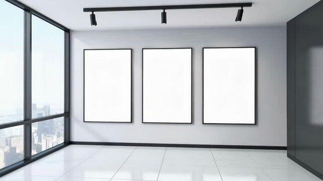 Bright modern empty room with three blank picture frames on wall and city view from large window, minimalist interior space for art gallery