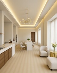 Fototapeta premium Modern Open-Concept Apartment Interior with Neutral Decor and Elegant Lighting