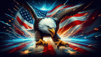 Powerful bald eagle flies fiercely above an American flag background with dynamic lighting effects