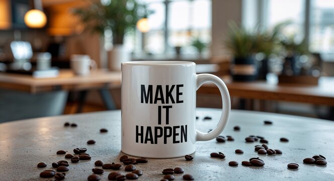Make it happen lettering on coffee mug at table motivation inspiration quote saying