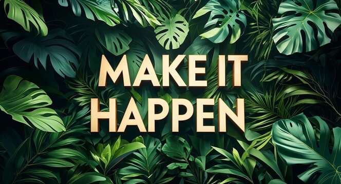 Make it happen lettering on jungle leaves background motivation inspiration quote saying - Powered by Adobe