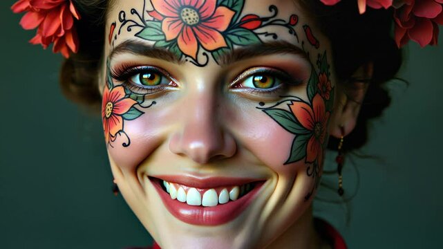 Woman with intricate floral face tattoos gazes at the camera, her eyes gradually opening to reveal bold eyeliner before blossoming into a warm smile, red petals on her hair, neutral backdrop