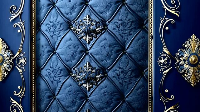 Luxurious blue quilted wall paneling with ornate gold accents