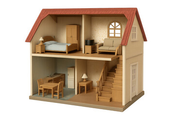 Miniature dollhouse interior revealing detailed living room, bedroom, kitchen with furniture, wooden staircase, transparent setting