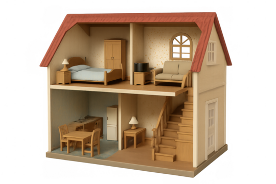 Miniature dollhouse interior revealing detailed living room, bedroom, kitchen with furniture, wooden staircase, transparent setting