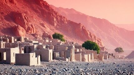 Red Sunset Over Abandoned Mud Brick Village in Arid Mountain Landscape
