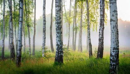 Fototapeta premium misty summer morning in a birch forest gentle fog among white trunks and fresh green leaves creates a calm atmospheric and natural scene perfect for wellness and nature themes