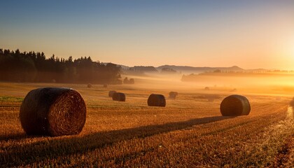 misty morning with hay bales scattered across a serene landscape at sunrise