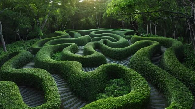Enigmatic Green Labyrinth: Aerial View of a Complex Hedge Maze in a Lush Garden Environment