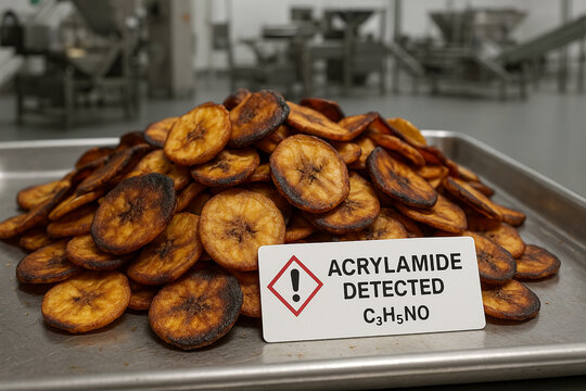 A Food Toxicology Analysis of Acrylamide Risk in Over-Fried Plantain Chips showing a Non-Conforming Product with a Positive Contaminant Detection and a Chemical Hazard Identifier