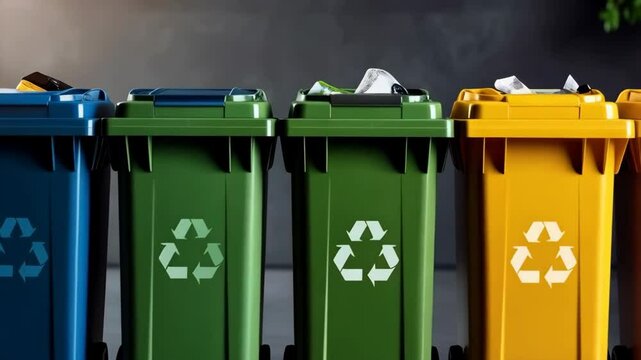Colorful recycling bins lined up for sorting waste management with recycle symbol and garbage inside containers