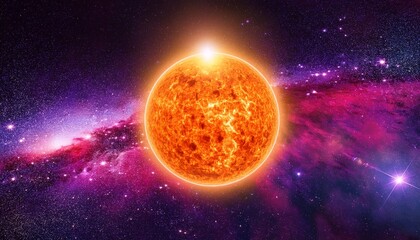 Obraz premium bright orange sun glowing in the cosmos surrounded by vibrant red and purple nebula illustrating the beauty of celestial bodies and the vastness of space