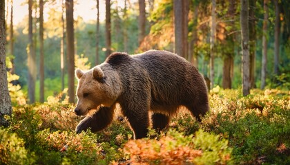 a peaceful brown bear foraging among lush greenery in a serene forest during autumn