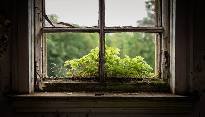 nature takes hold in an old windowsill