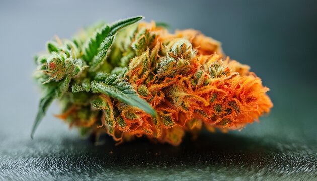unique closeup of cannabis nug displaying fiery orange color and rich green foliage texture generative ai