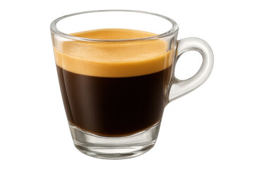 Hot espresso pouring into clear glass, creating rich golden crema against transparent backdrop
