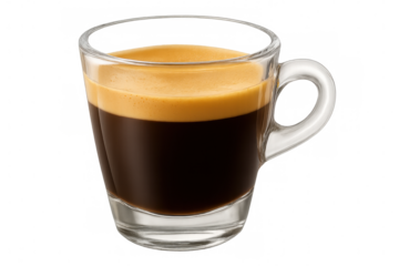 Hot espresso pouring into clear glass, creating rich golden crema against transparent backdrop