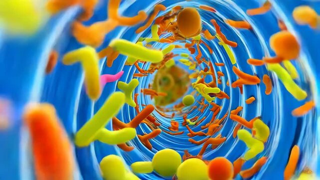 Close-up view of microscopic bacteria, showing different shapes and colors of microorganisms