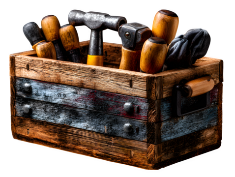 Rustic toolbox made from reclaimed wood, filled with traditional blacksmith tools, studio-lit on white background and isolated to transparent background