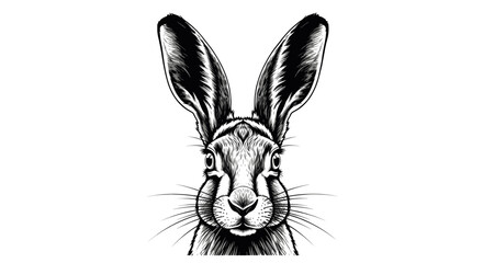 Detailed Monochrome Illustration of a Hare with Long Ears and Textured Fur on White Background