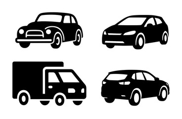 Passenger and Commercial Cars Side View Silhouette Editable Icons set. Vector for web and app. Vehicles: vintage car, hatchback, truck, SUV, transport collection icons and more