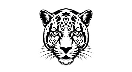 Jaguar Head Black and White Portrait Big Cat Graphic Illustration Detailed Close Up of Wild Animal Against White Background