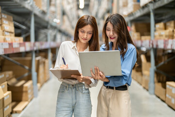 Female engineers team discussing inventory in warehouse logistics and supply chain planning, operation management, data analysis, warehouse shipping, inventory tracking, optimization and technology
