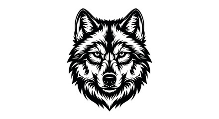 Pixelated Monochrome Drawing of a Wild Wolf Head Facing Forward on White Background Featuring Pixelated Details on The Fur and Symmetrical Design with Sharp Facial Features
