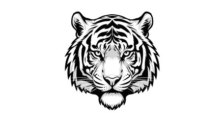 Obraz premium Detailed Black and White Tiger Head Illustration with Striking Stripes Detailed Features and Symmetrical Design on Plain Background
