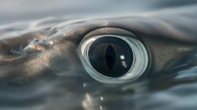 Close-up of a captivating shark eye gazing through the water surface. 