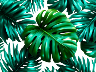Vibrant collection of neon green monstera and palm leaves in modern graphic style, laid flat on a bright white background, isolated to transparent background