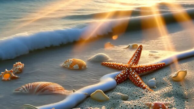 Colorful seashells and a vibrant starfish scattered on sandy beach, with gentle waves lapping at the shore, creating a serene coastal atmosphere and inviting natural beauty. Generative 4k video.