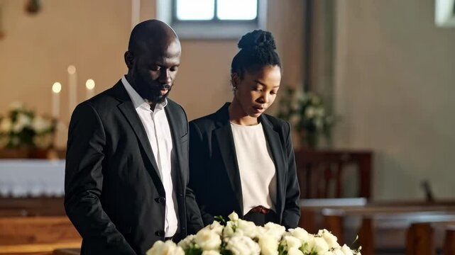 Mourning couple standing near floral arrangement in church, expressing sadness and reflection during funeral service, grief and bereavement