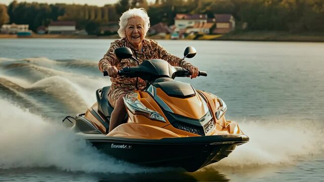 Senior woman joyfully riding jet ski on a lake, showcasing excitement and freedom, with splashes of water and a vibrant landscape in the background, embodying adventurous spirit. Generative 4k video.