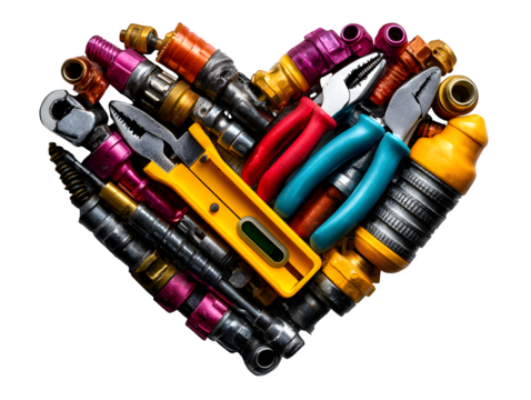 Tool set arranged in heart shape for Father's Day concept, including pliers, screwdriver, level and wrench, on white and isolated to transparent background