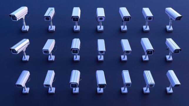A collection of various security surveillance and CCTV equipment arranged in rows against a dark blue background suggesting a commercial or industrial security system