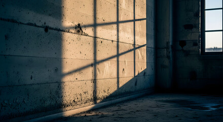 Sunlight Shadows Cast on Rough Concrete Wall in Empty Room with Window