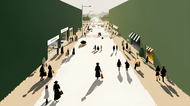 Stylized Illustration of a City Street with People Shopping