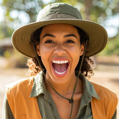 playful roar; costa rican zookeeper in tangerine and jungle green safari gear
