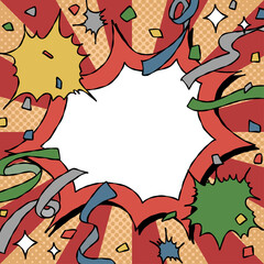 手書きのトゲトゲフレームとデコレーション、ポップな背景フレーム、サンバースト、紙吹雪、リボン、コミック風、正方形サイズ