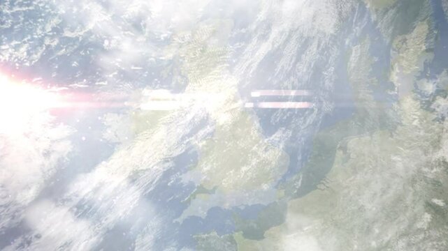 Earth zoom in from space and focus on Clitheroe, England, North West England, Great Britain. Background for travel intro or blog. Satellite view. 3D style Animation. Images from NASA.