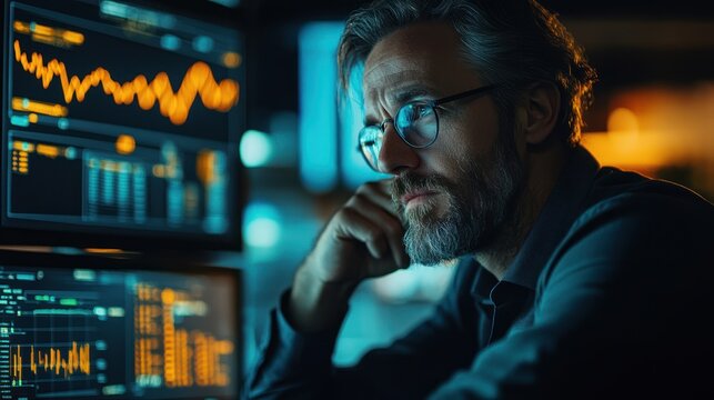Mature professional analyzing financial data on multiple computer screens - Powered by Adobe