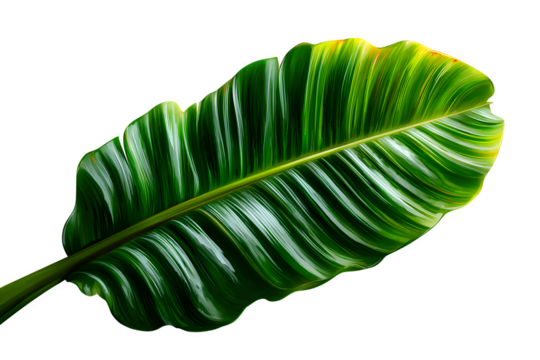 Realistic banana leaf top-view with visible veins and soft tear textures, styled flat on white, isolated to transparent background - Powered by Adobe